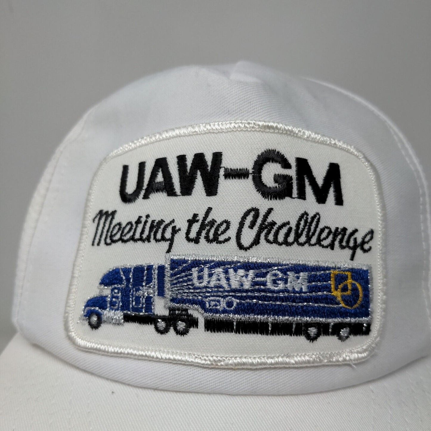 UAW-GM Men's Slideback Trucker Hat White Embroidered Vintage Logo Union