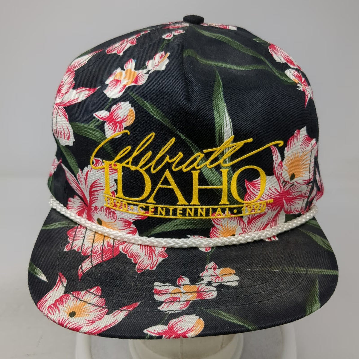 San Sun Trucker Black Floral Idaho Centennial Rope Snapback Hat Vintage