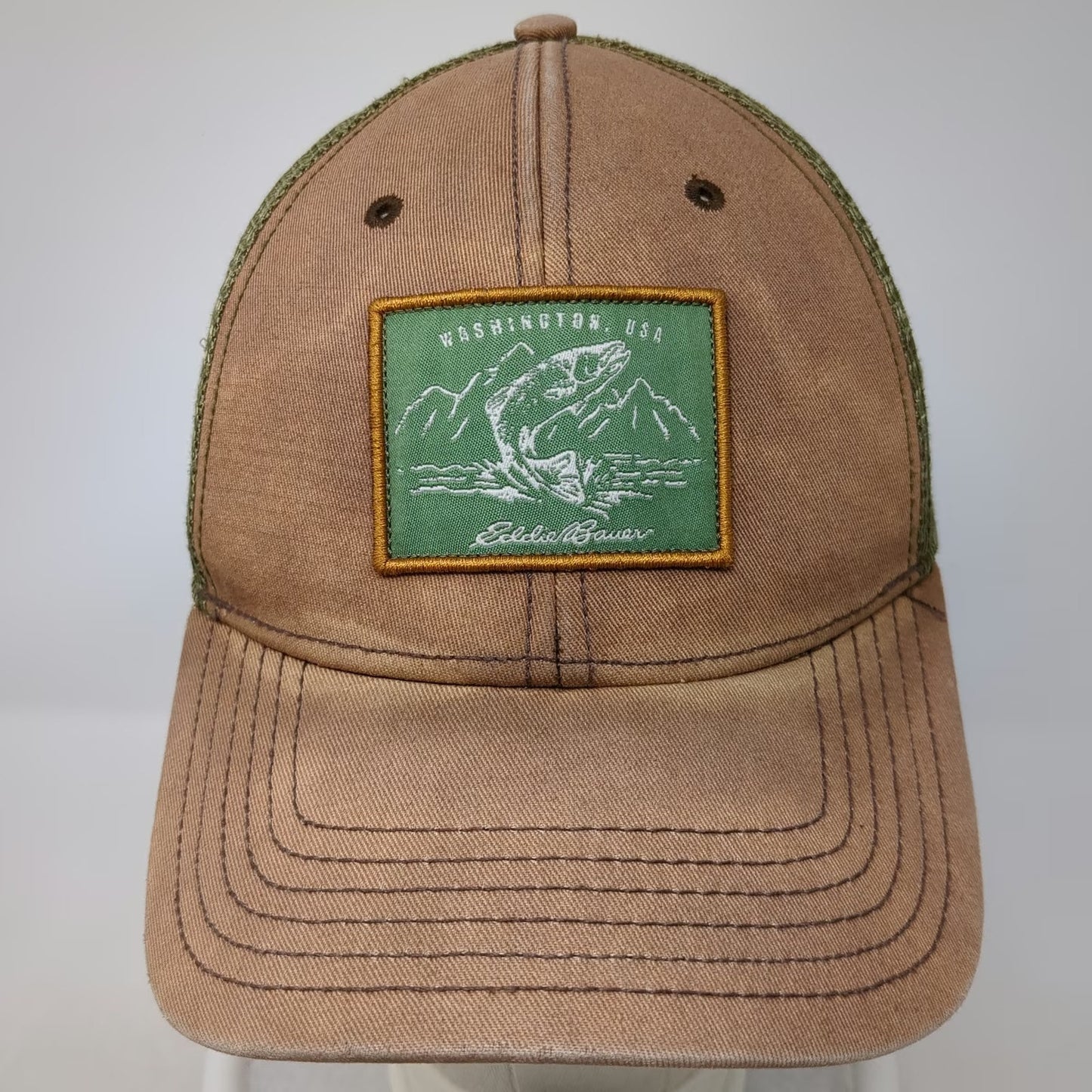 Eddie Bauer Trucker Hat One Size Brown Green Washington Fish Mesh Snapback