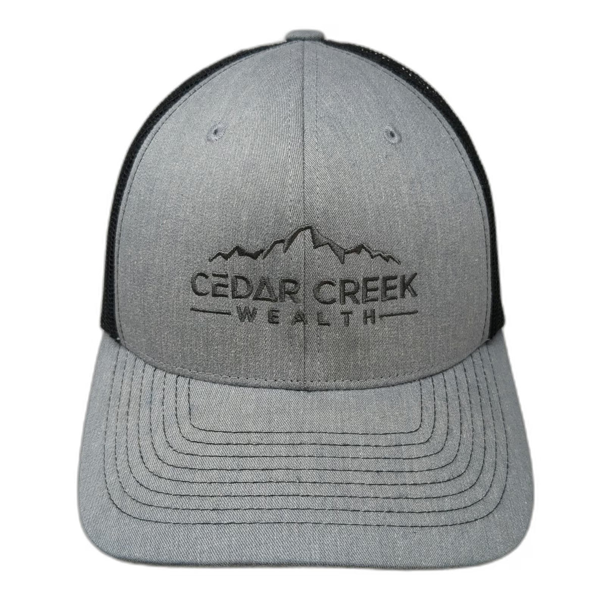 Cedar Creek Wealth Mountain Logo Trucker Hat Gray Black One Size Snapback Mesh