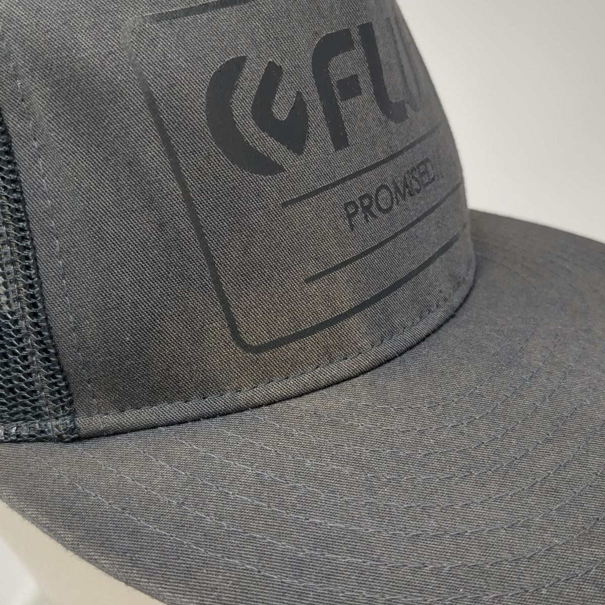 Flux Trucker Hat Gray One Size Promised Logo Flat Brim Mesh Back Snapback Hat