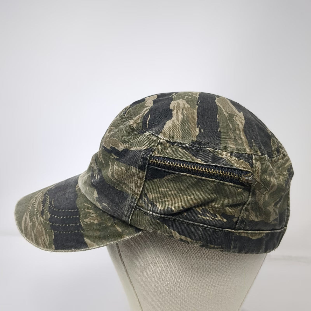 Army Cap Green Tigerstripe Camo One Size Side Zipper Pocket Slideback Cadet Hat