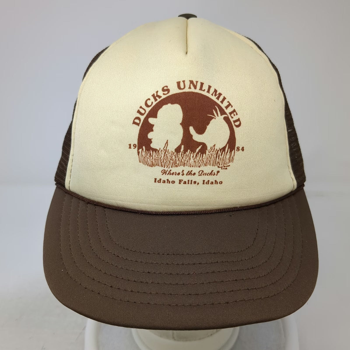 Ducks Unlimited Trucker Hat Brown Vintage Idaho Falls 1984 Mesh Snapback Rope