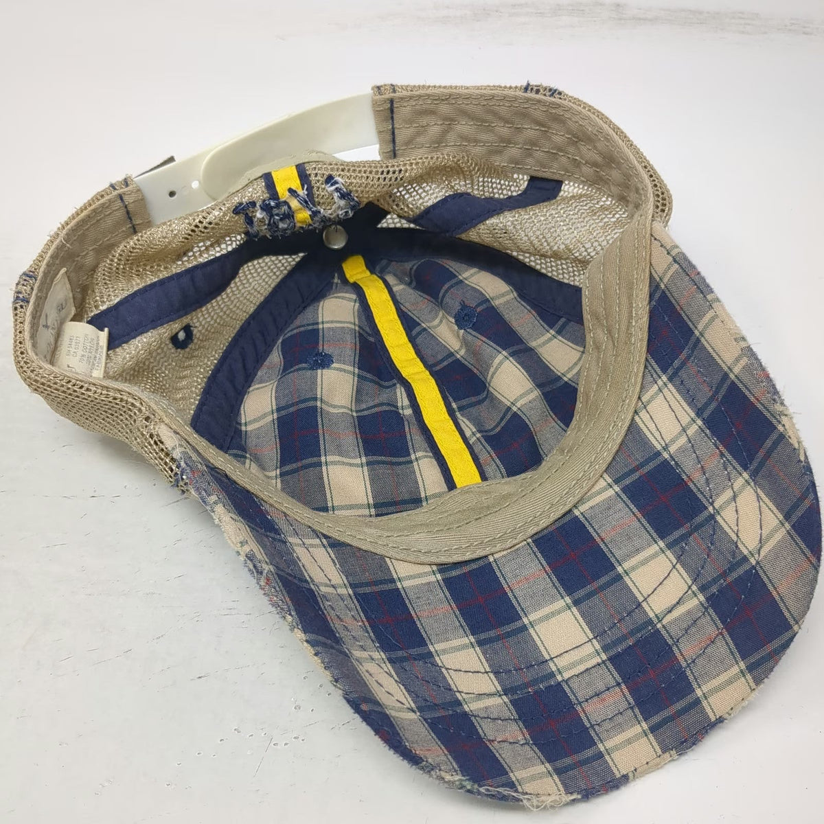 American Eagle Trucker Hat Blue Beige One Size Plaid Distressed Snapback 1977