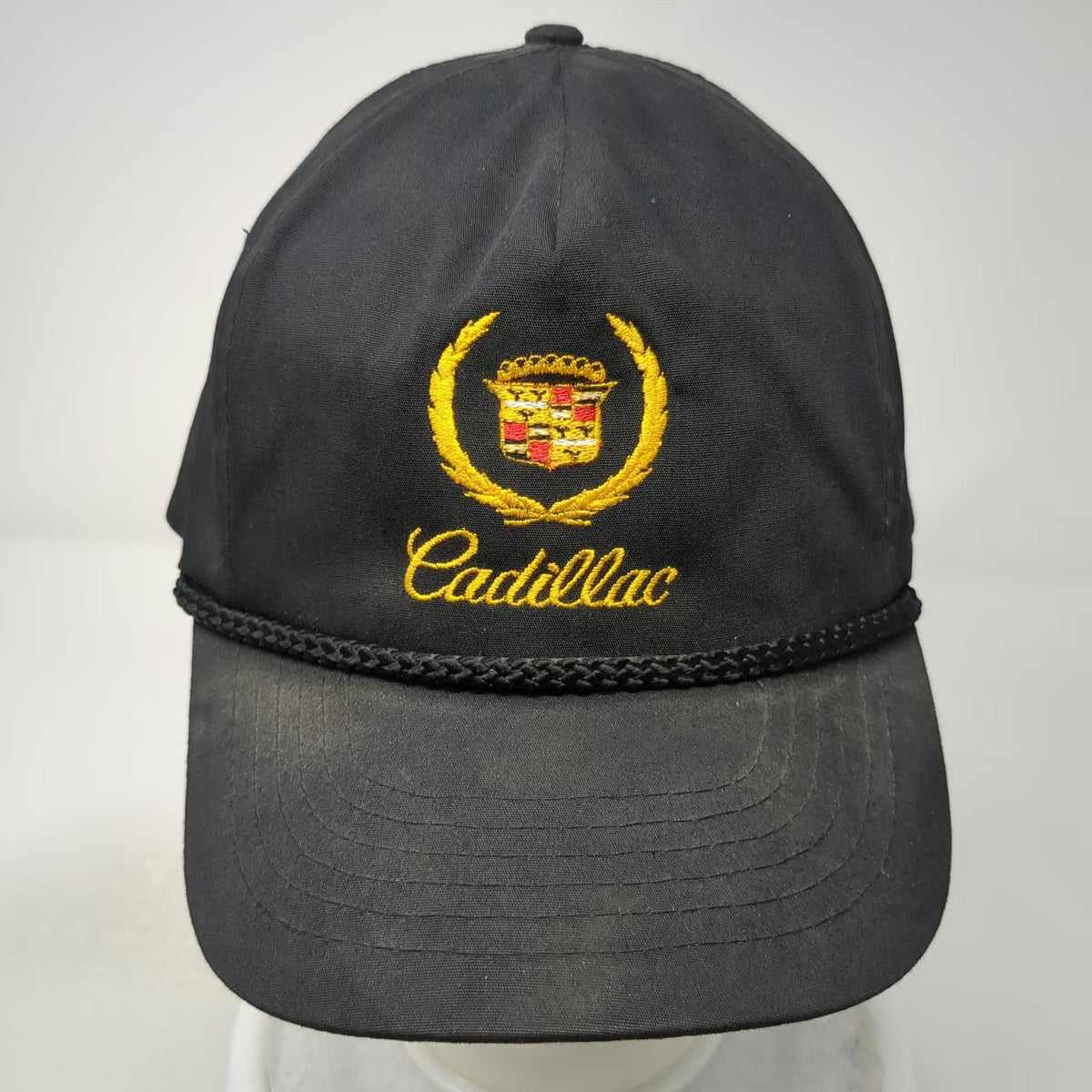 Cadillac Logo 5 Panel Black Gold OS Slideback Rope Brim Embroidered Hat Vintage