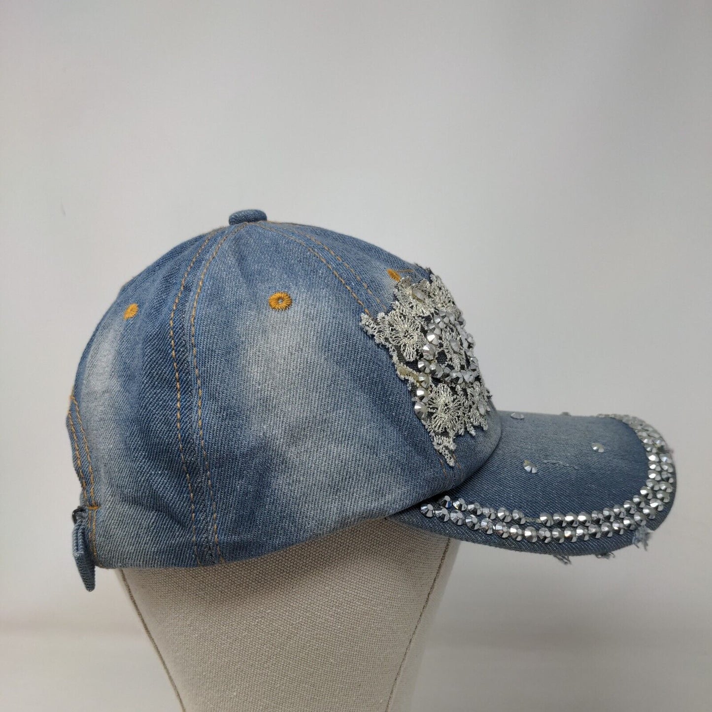 Unbranded Denim Slideback Hat Blue OSFM Studded Rhinestone Bling