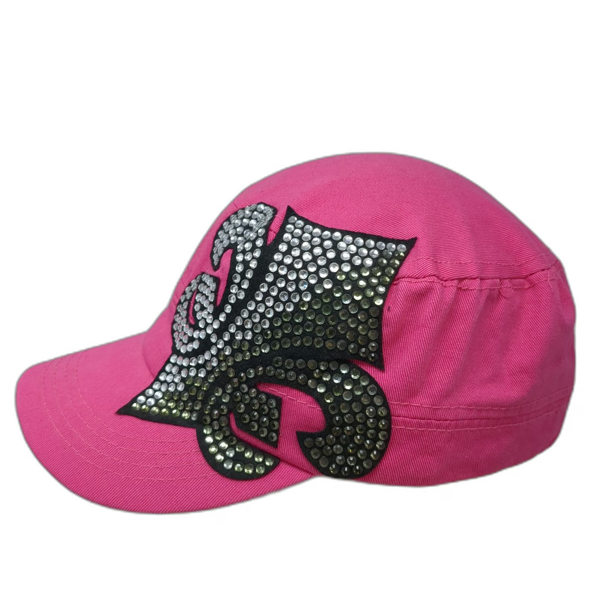 Pink Army Cap One Size Rhinestone Fleur-de-lis Cotton Strapback Hat Bling Gems