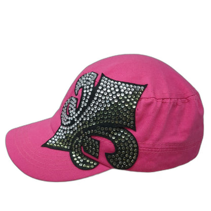 Pink Army Cap One Size Rhinestone Fleur-de-lis Cotton Strapback Hat Bling Gems