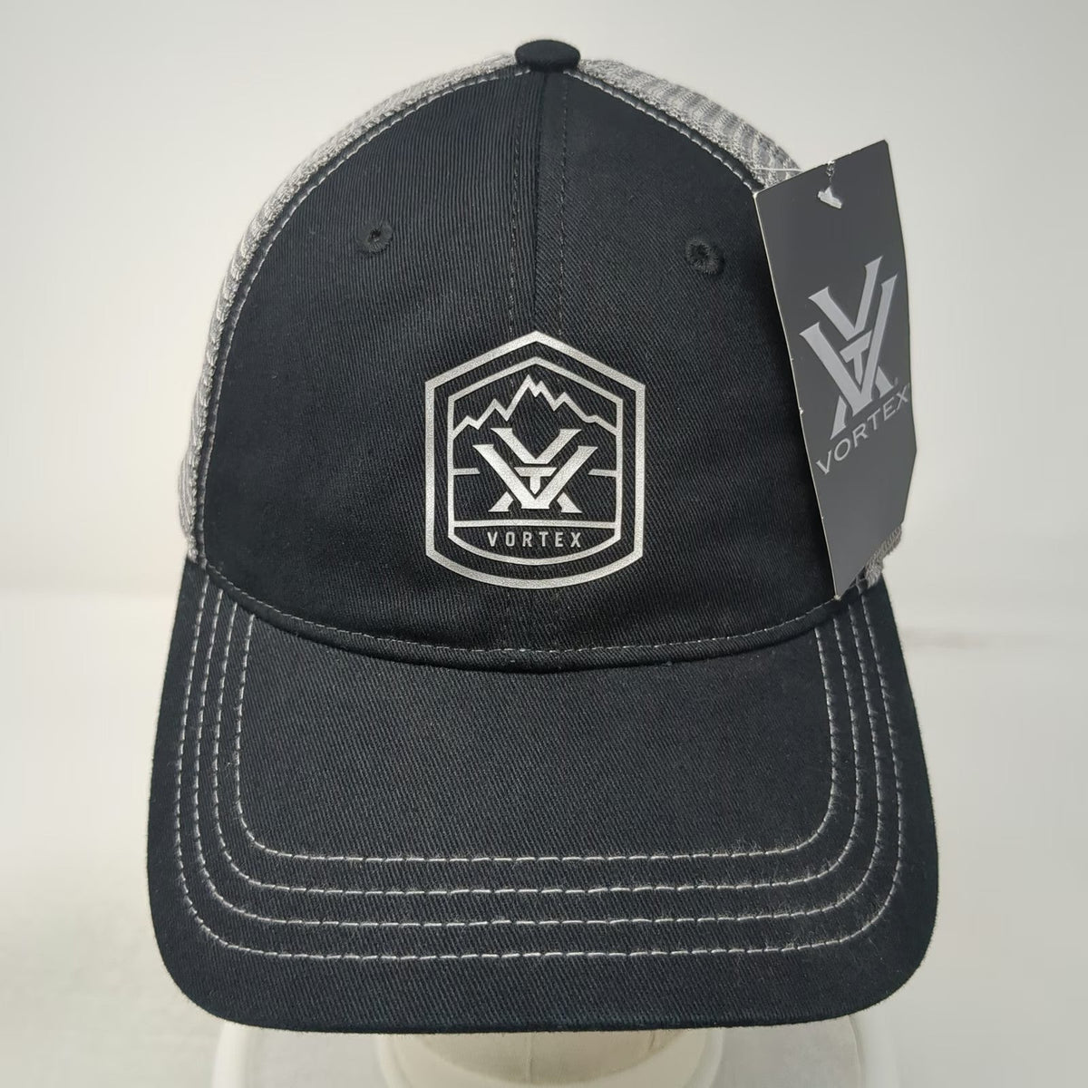 Vortex Trucker Hat Black Gray One Size Mesh Snapback Mountain Logo Patch Brim