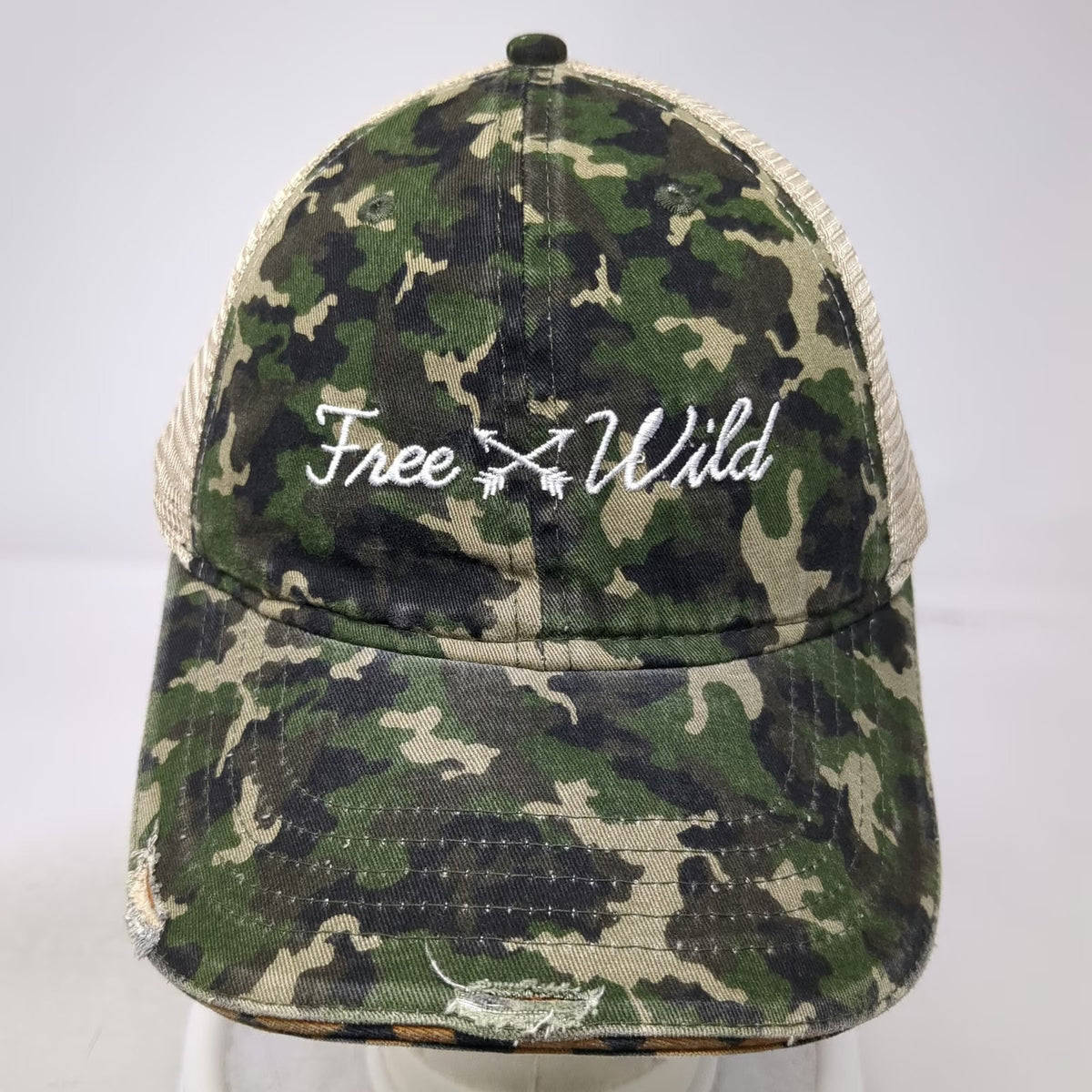 Baseball Cap Green Camo Leopard Print One Size Hat Mesh Back Distressed Arrows