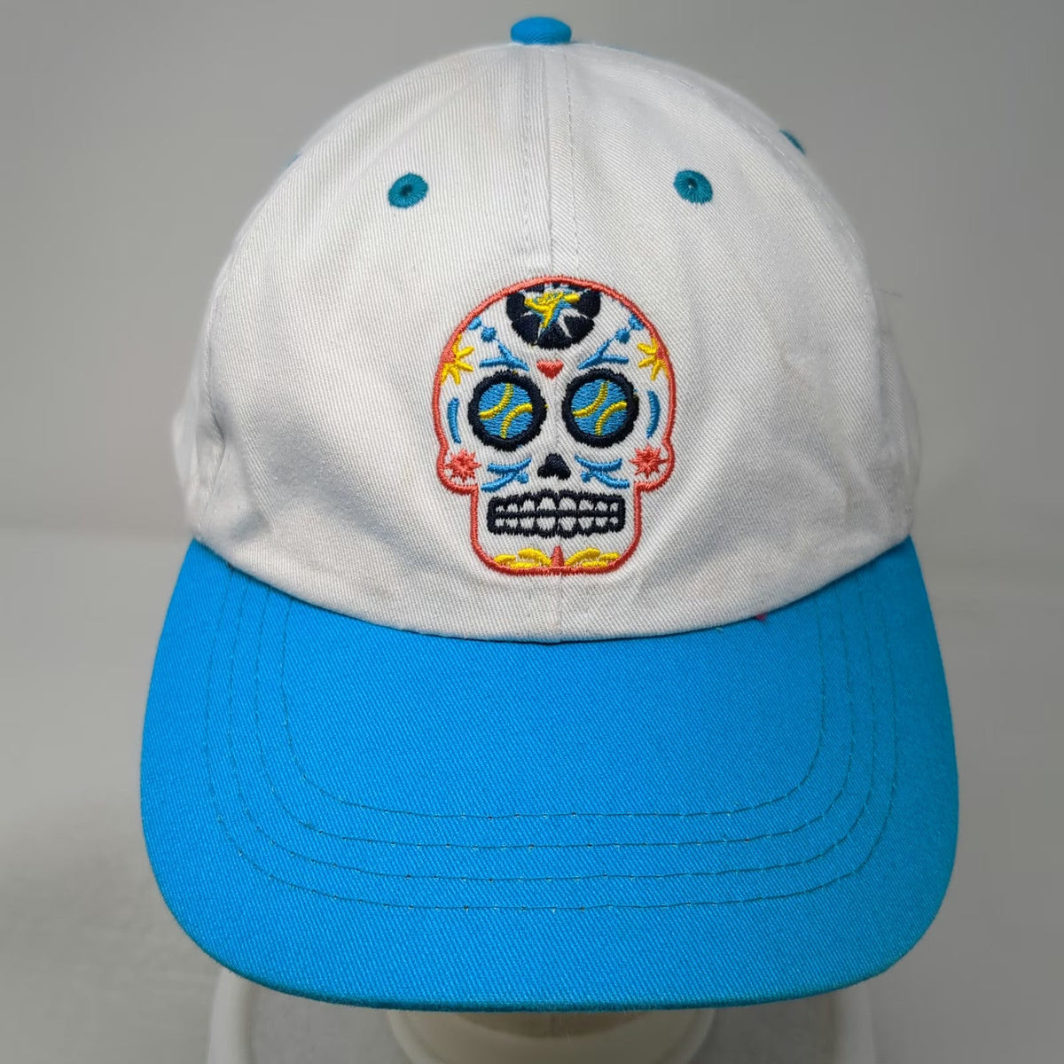 Baseball Cap White Blue One Size Sugar Skull Embroidered Day of the Dead Hat