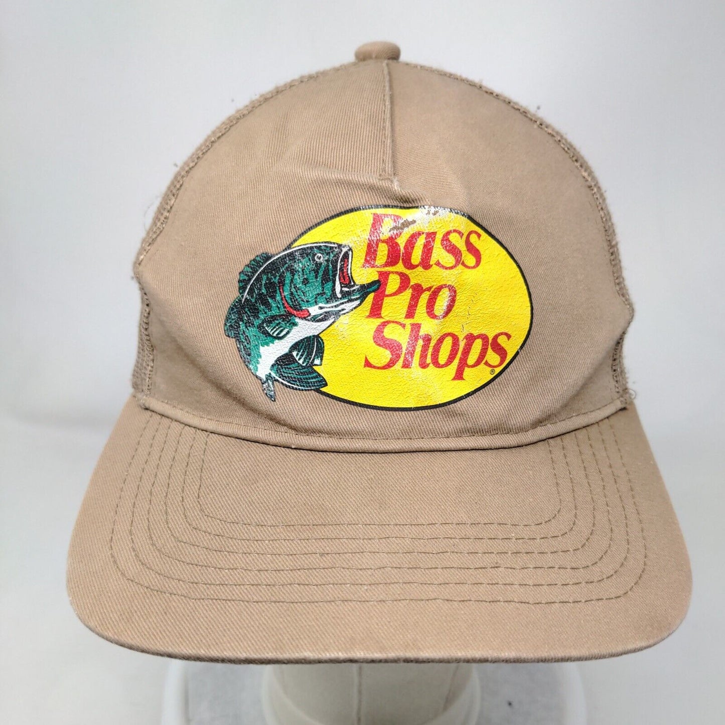 Bass Pro Shops Snapback Trucker Hat Tan OSFM Adjustable Mesh Back Gone Fishing