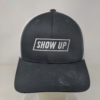 Show Up Snapback Trucker Hat Black One Size Embroidered Mesh Back Yupoong