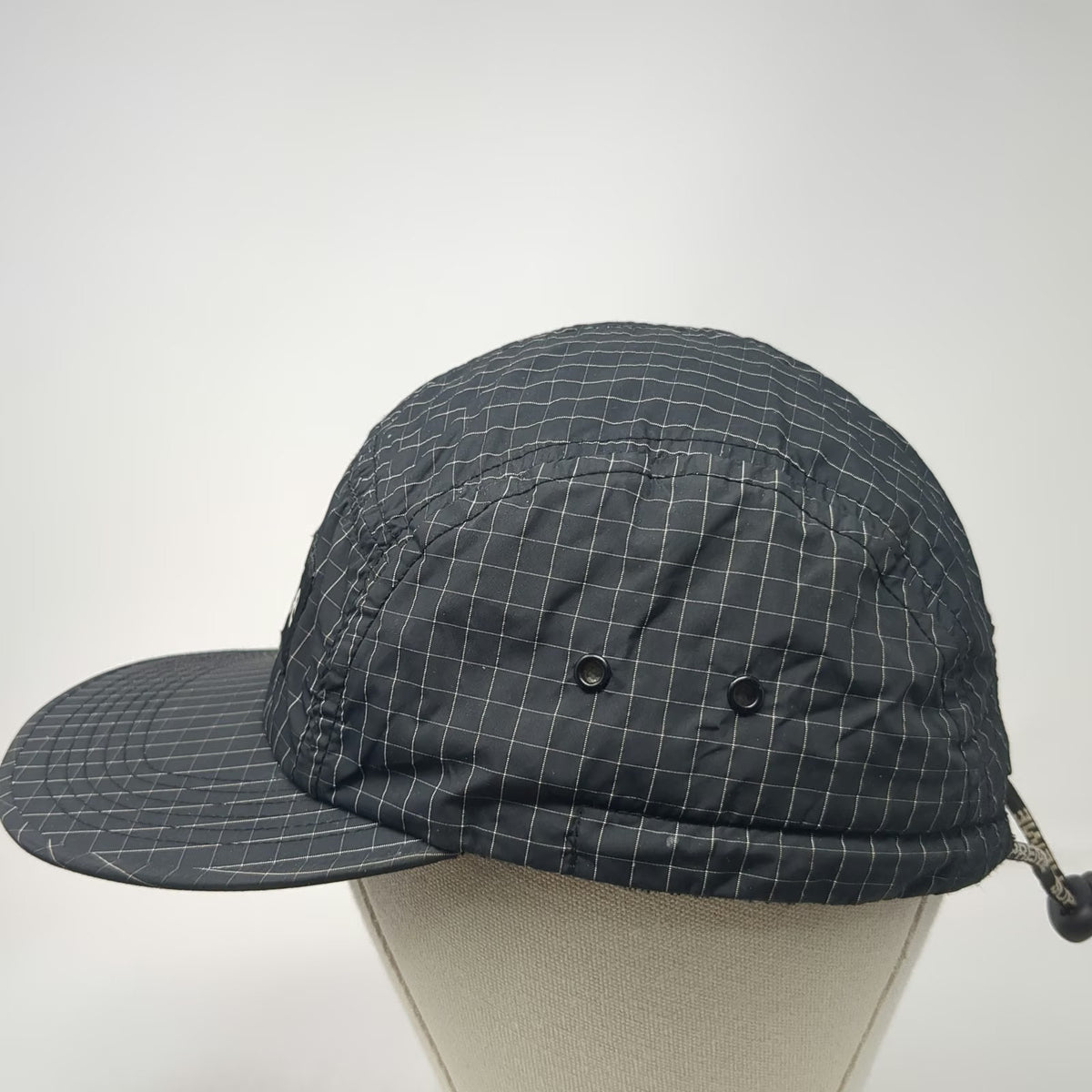 Supreme 5 Panel Black Hat Grid Pattern Drawstring Box Logo Made in USA Vintage