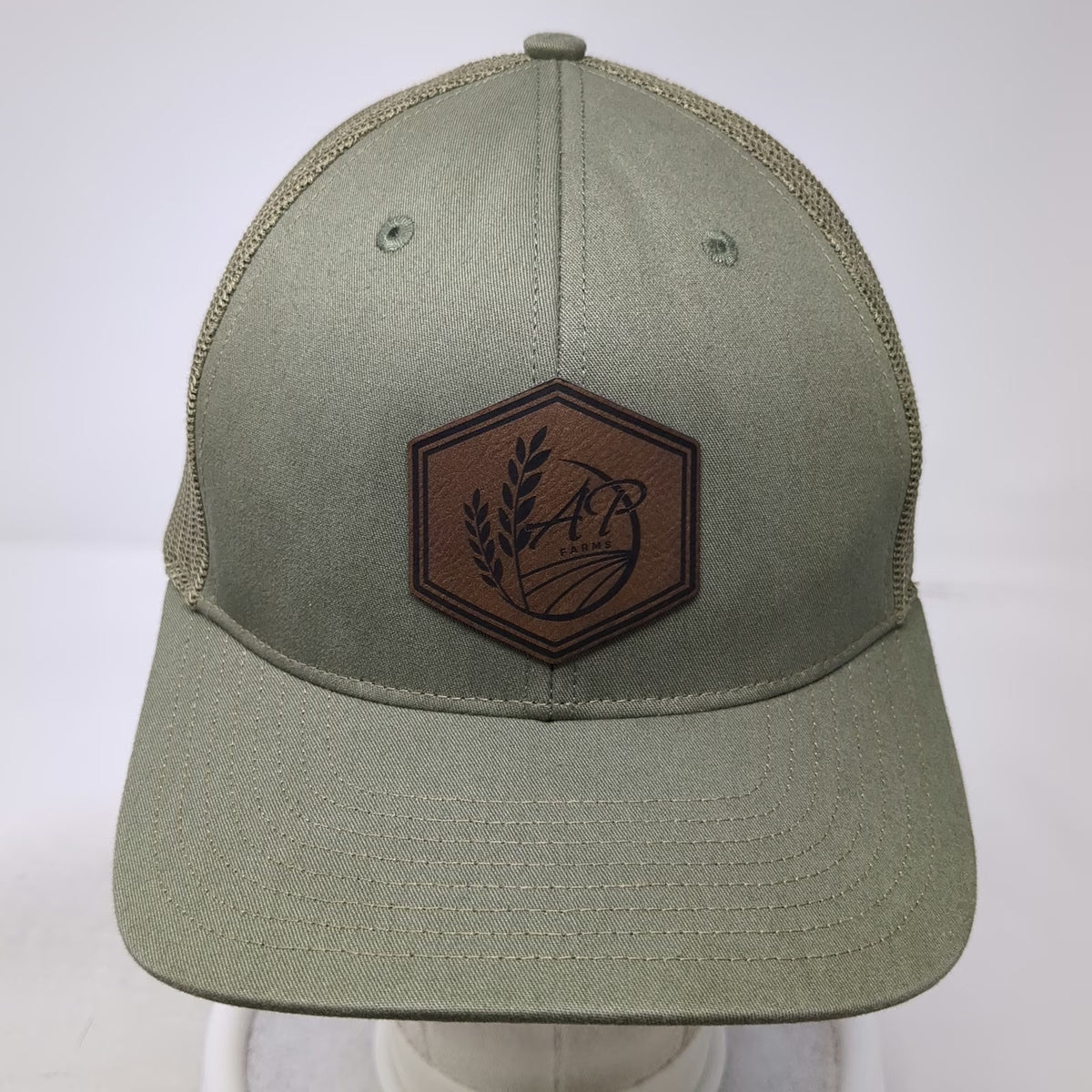 Richardson Trucker Hat Green One Size Leather Patch Mesh Back Snapback Farm Logo