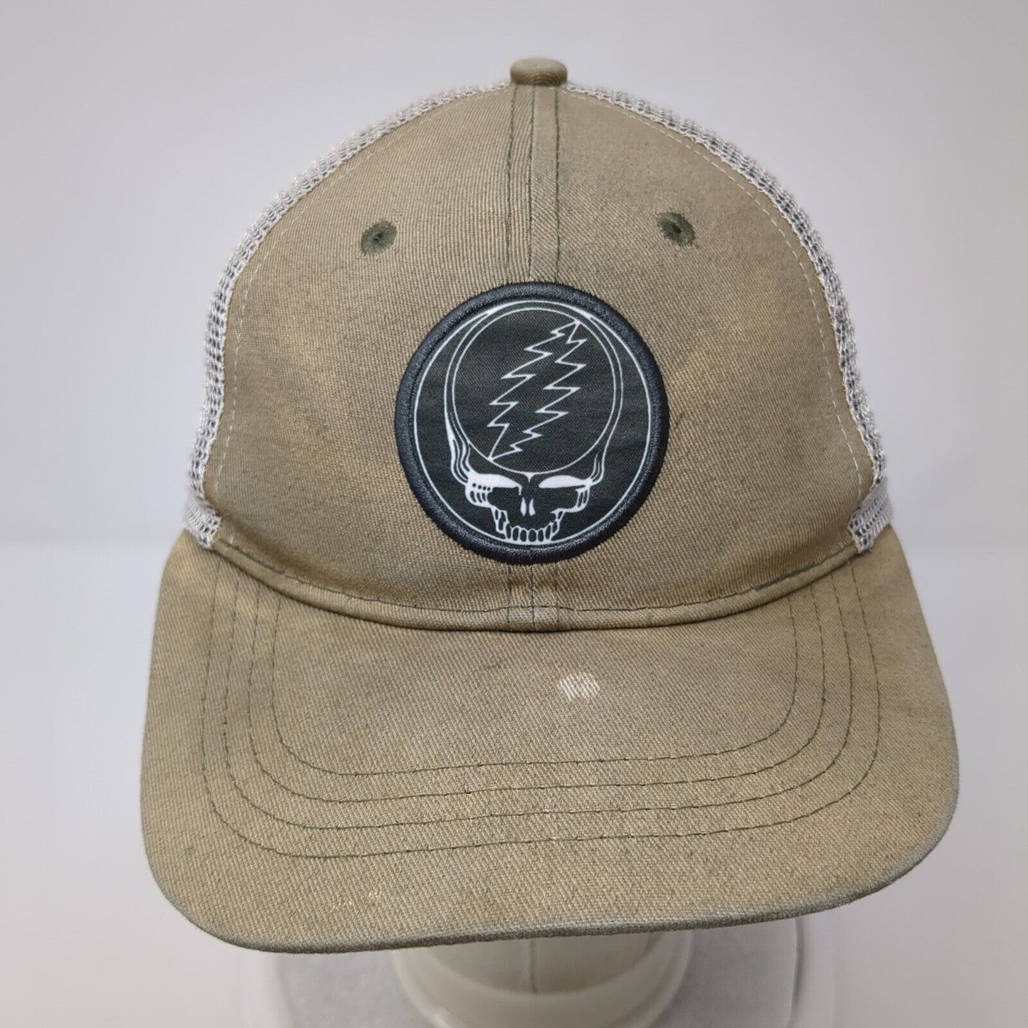 Three In Grateful Dead Snapback Mesh Bag Hat Tan OSFA Embroidered Skull Logo
