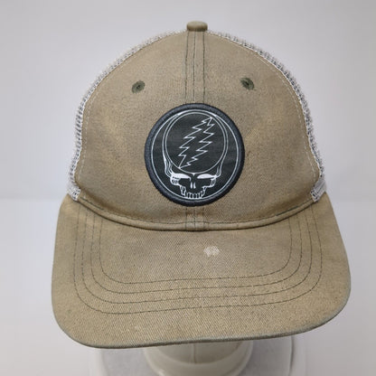 Three In Grateful Dead Snapback Mesh Bag Hat Tan OSFA Embroidered Skull Logo