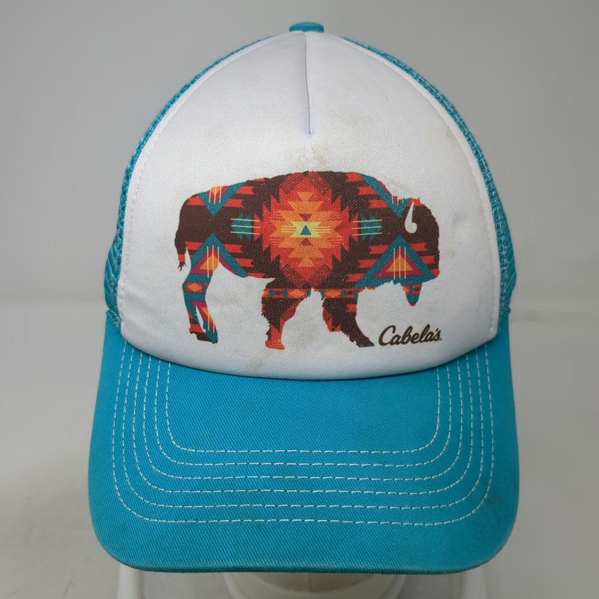 Cabela's Trucker Hat Blue One Size Southwestern Bison Buffalo Mesh Snapback Cap