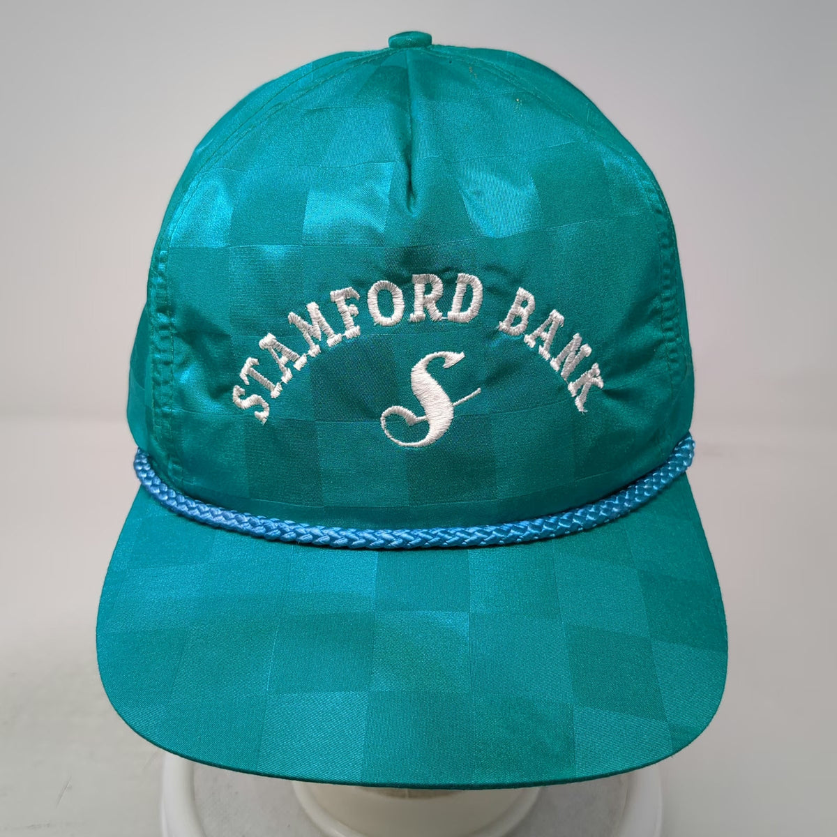 San Sun 5 Panel Blue Hat Vintage Checkered Rope Stamford Bank Embroidered Logo