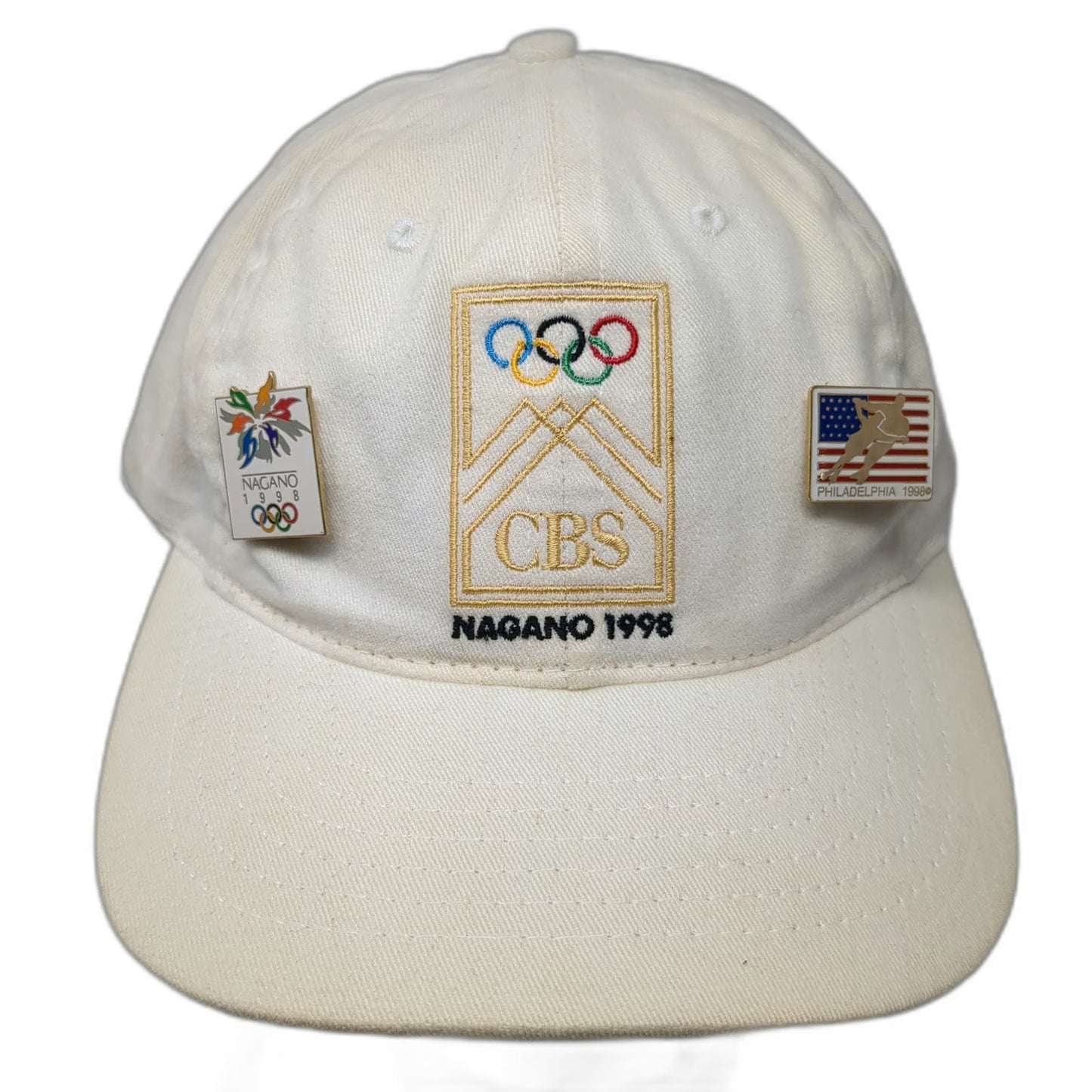 Nagano 1998 Olympics CBS Baseball Cap Beige OS Made in USA Pins Hat Vintage