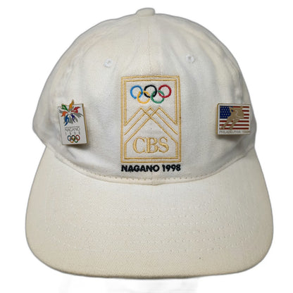 Nagano 1998 Olympics CBS Baseball Cap Beige OS Made in USA Pins Hat Vintage