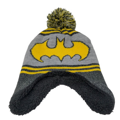 Batman Knit Pom Pom Beanie Hat Gray Toddler Striped Lined Ear Flap