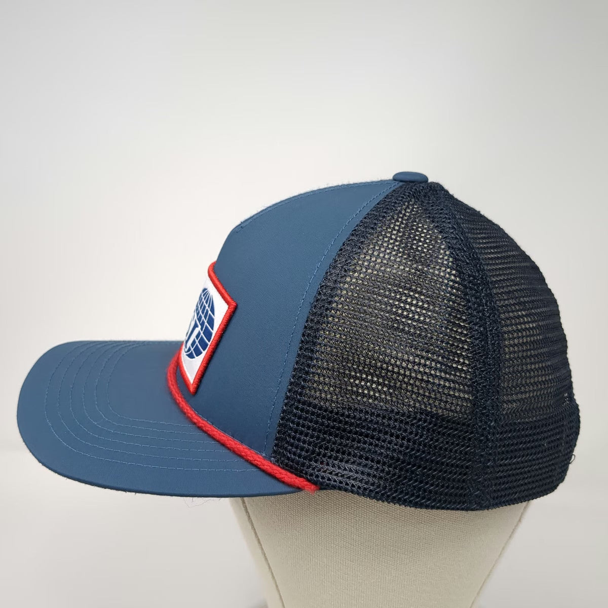 Blue Trucker Hat One Size IFSI Globe Patch Mesh Back Snapback Rope Structured