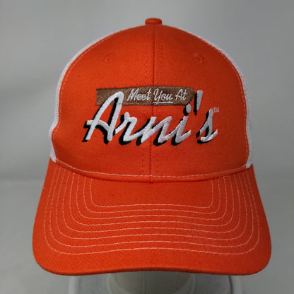 Meet You at Arni's Snapback Trucker Hat Orange One Size Mesh Back Port Authority