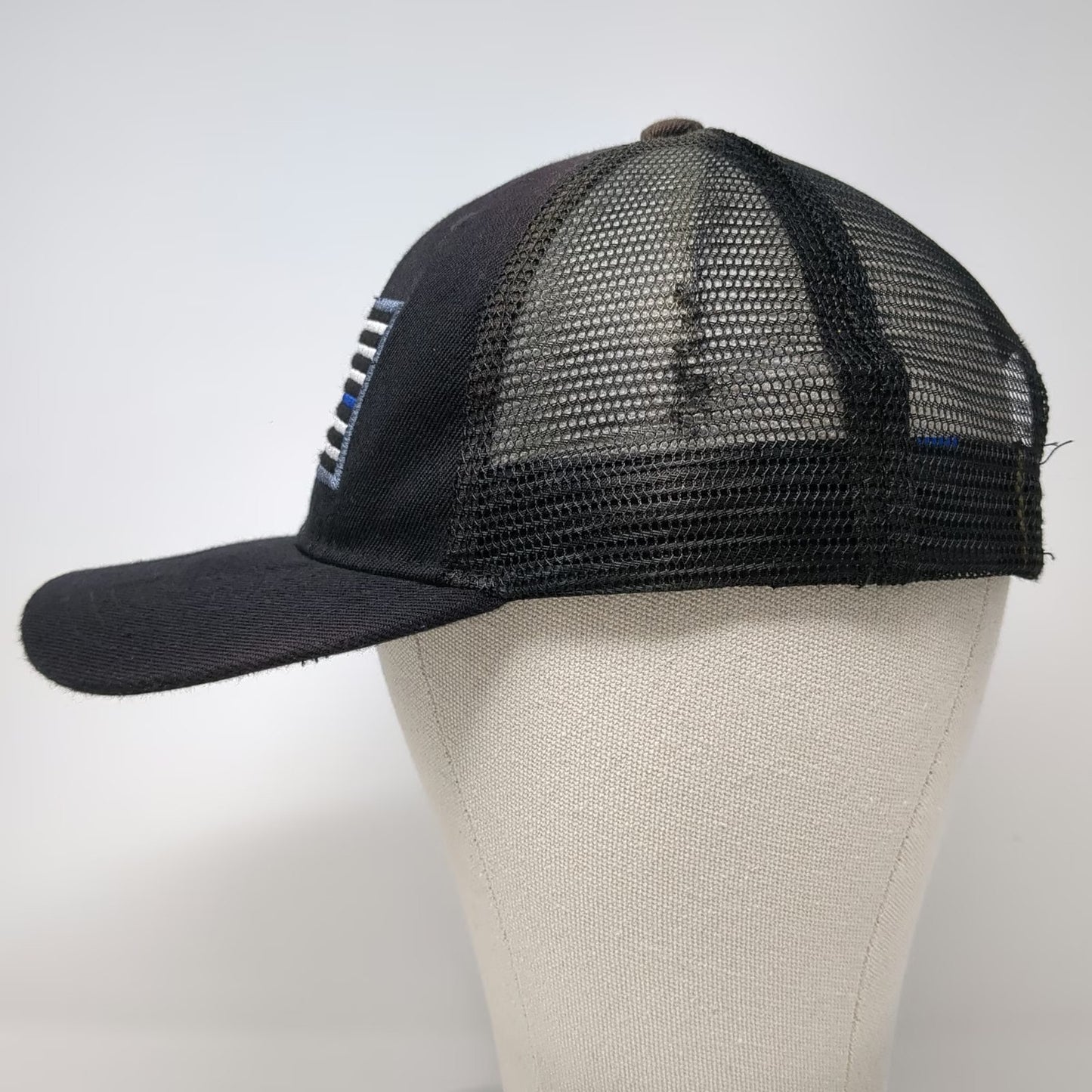 Big Bear Trucker Hat Black One Size Thin Blue Line Flag Patch Mesh Snapback