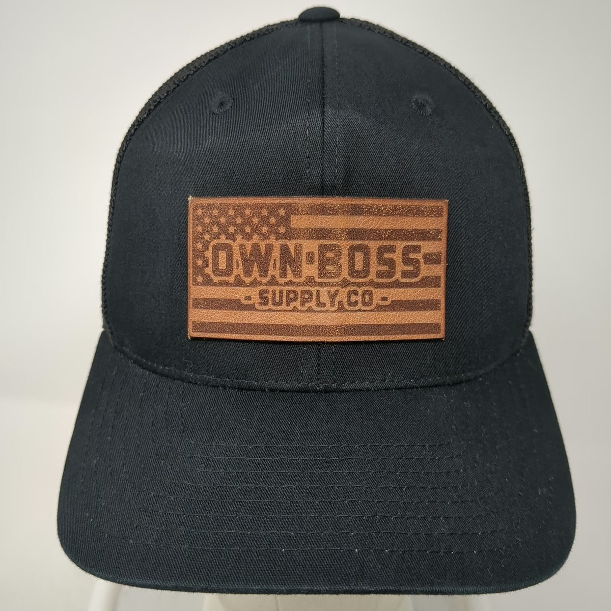 Own Boss Supply Co Baseball Cap Black OSFM Leather American Flag Patch Mesh Hat