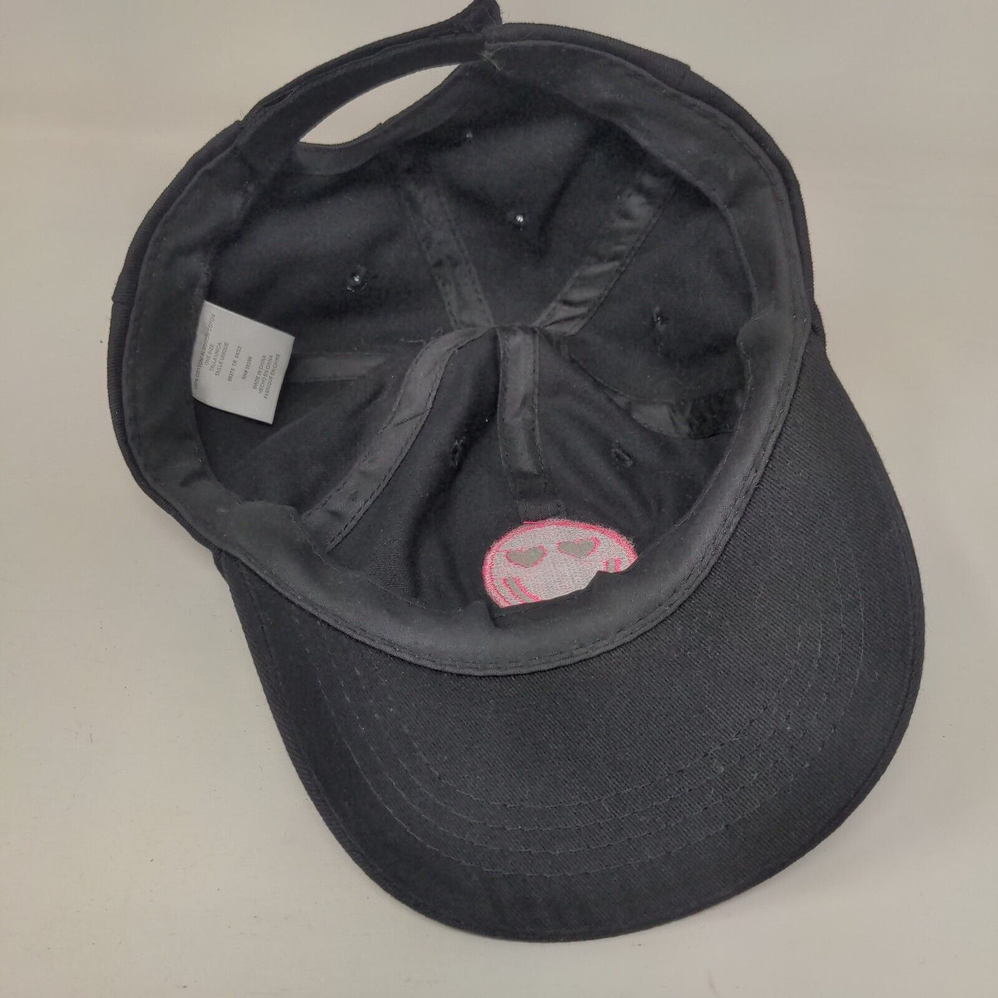 Smiley Face Strapback Hat Black One Size Adjustable Embroidered 6 Panel Cotton