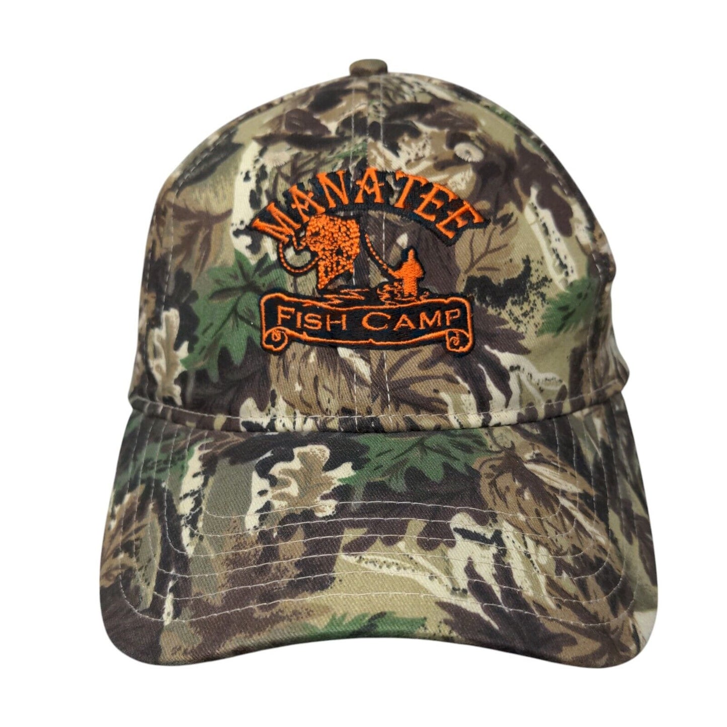 Manatee Fish Camp Strapback Hat Camouflage OSFM Adjustable Embroidered Otto