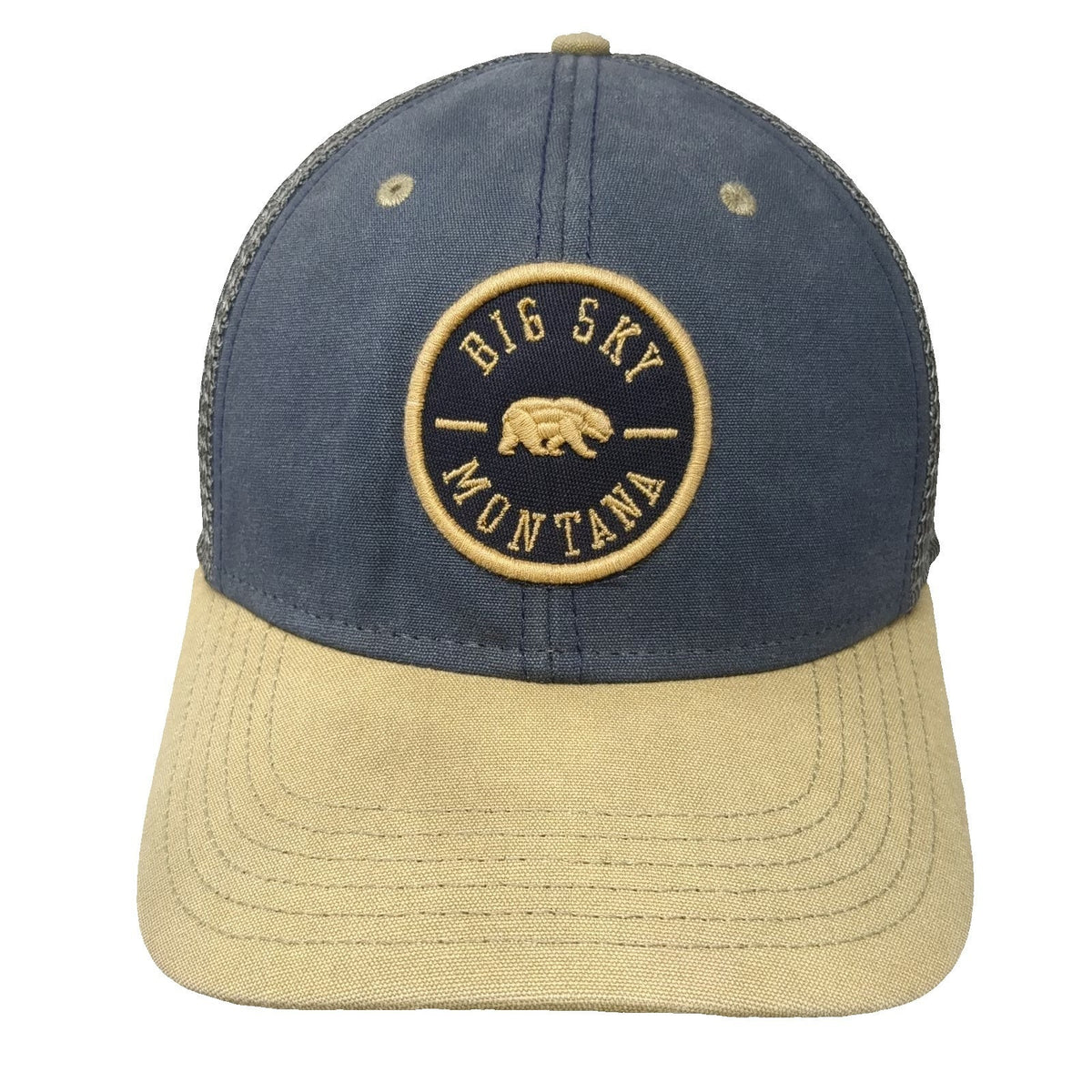 Legacy Trucker Hat Blue Beige One Size Big Sky Montana Bear Patch Mesh Back