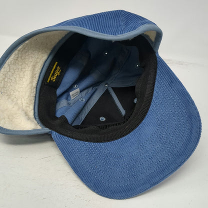 Seager 5 Panel Blue Hat One Size Corduroy Ear Flaps Sherpa Lined Script Patch