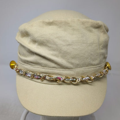 Lake Shore Drive Army Cap Beige One Size Gold Chain Floral Detail Ruched Hat