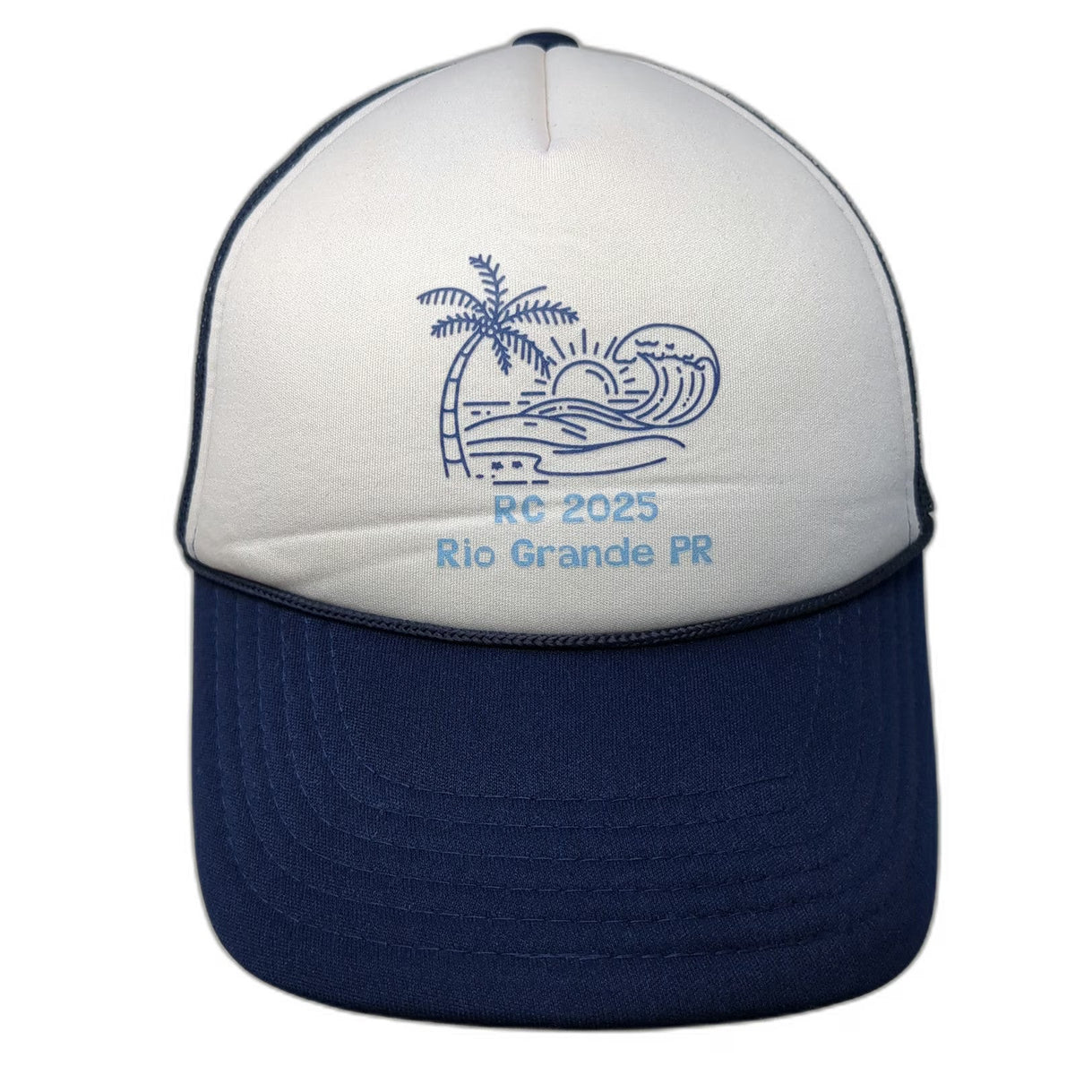 Trucker Hat Blue White One Size Mesh Snapback RC 2025 Rio Grande PR Palm Tree
