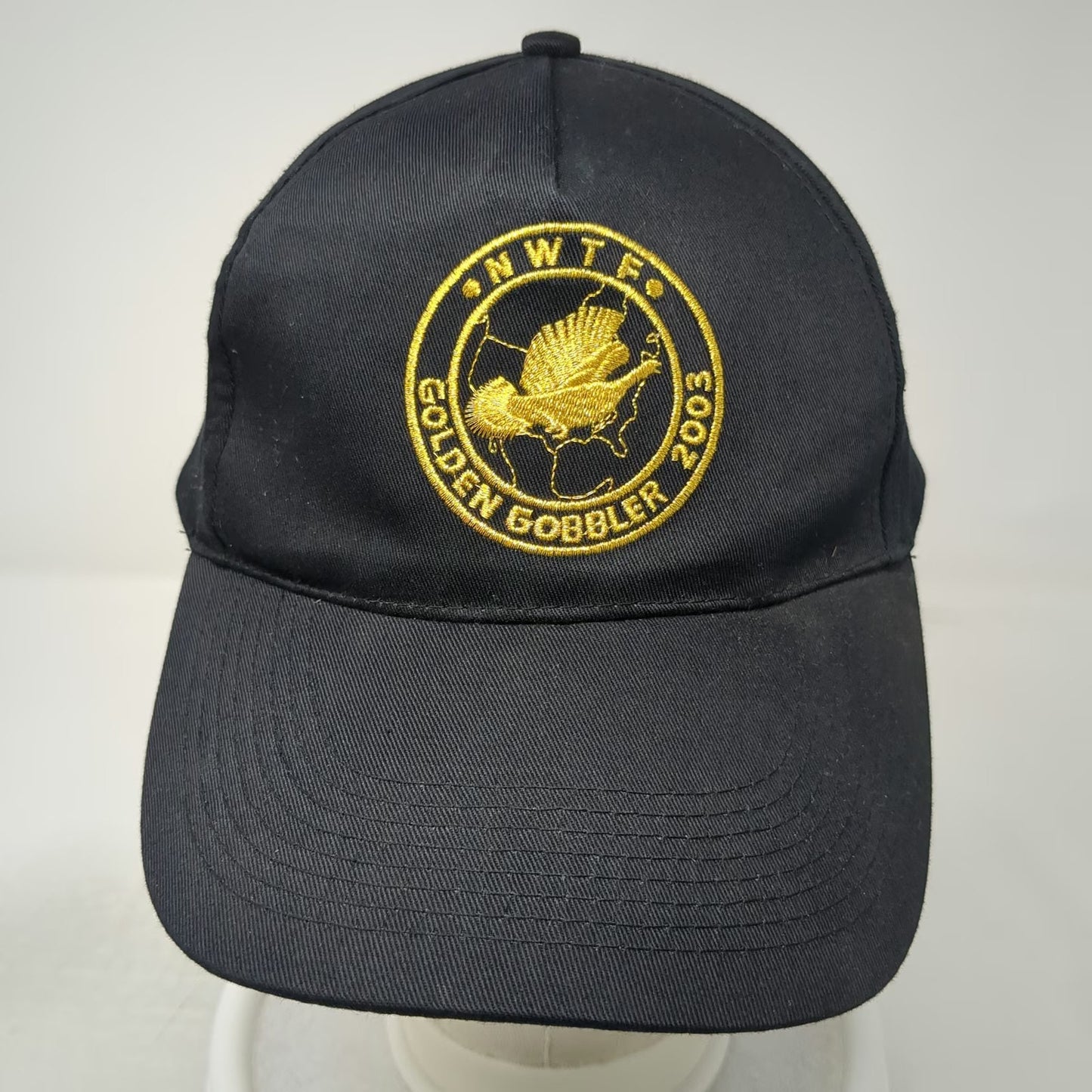 NWTF 5 Panel Black Hat One Size Golden Gobbler 2003 Embroidered Turkey Slideback