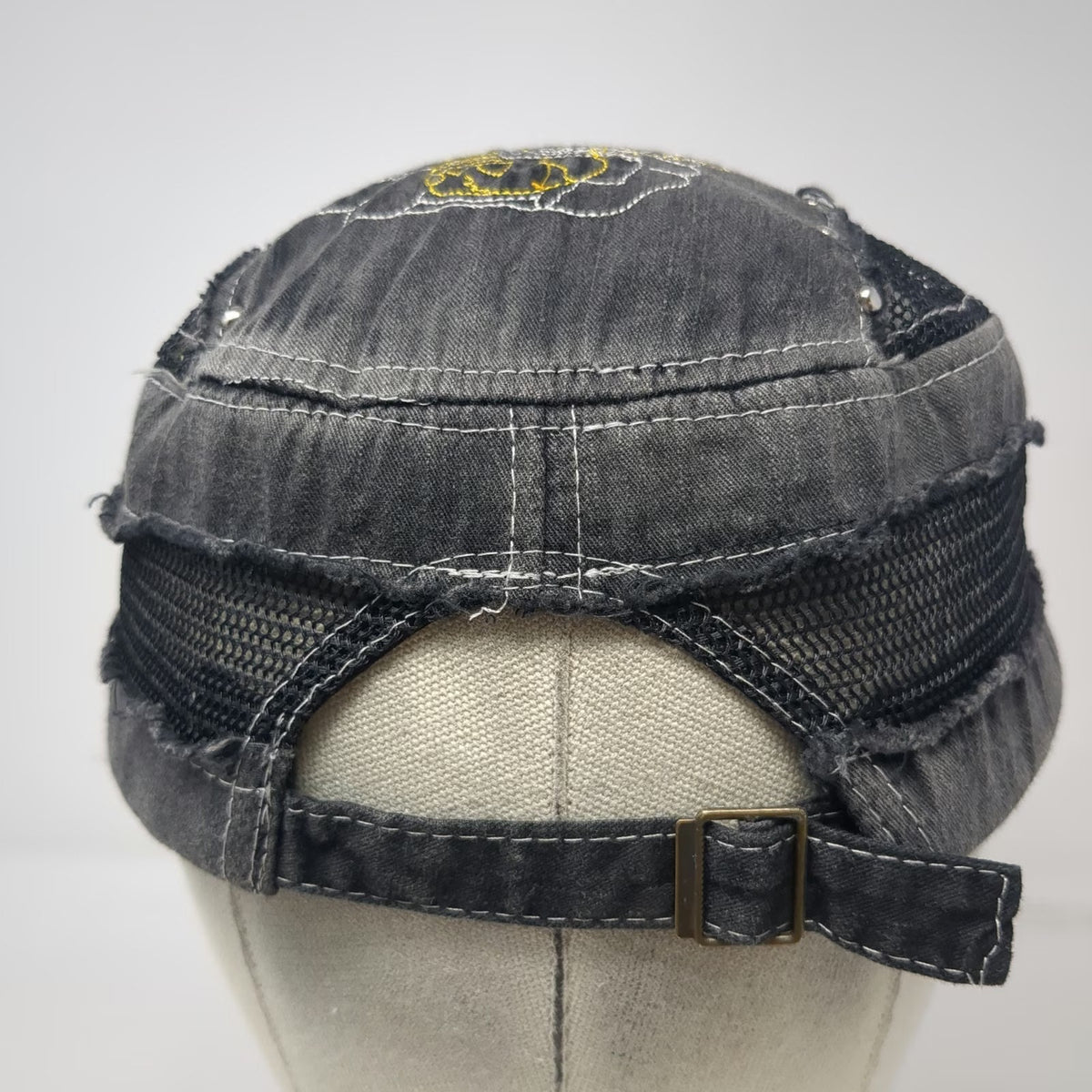 One Hand Jeans Army Cap Gray One Size Hat Mesh Distressed Rose Skull Slideback