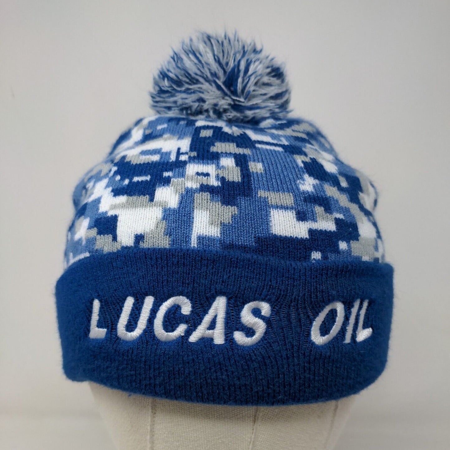Lucas Oil Men's Knit Beanie Hat Cap Blue Camouflage Acrylic Blend Pom Pom