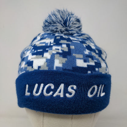 Lucas Oil Men's Knit Beanie Hat Cap Blue Camouflage Acrylic Blend Pom Pom