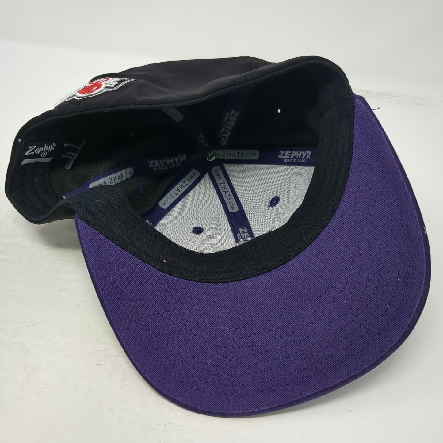 Zephyr Baseball Cap Black Purple L Keene Swamp Bats NECBL Stretch Fit Mascot Hat