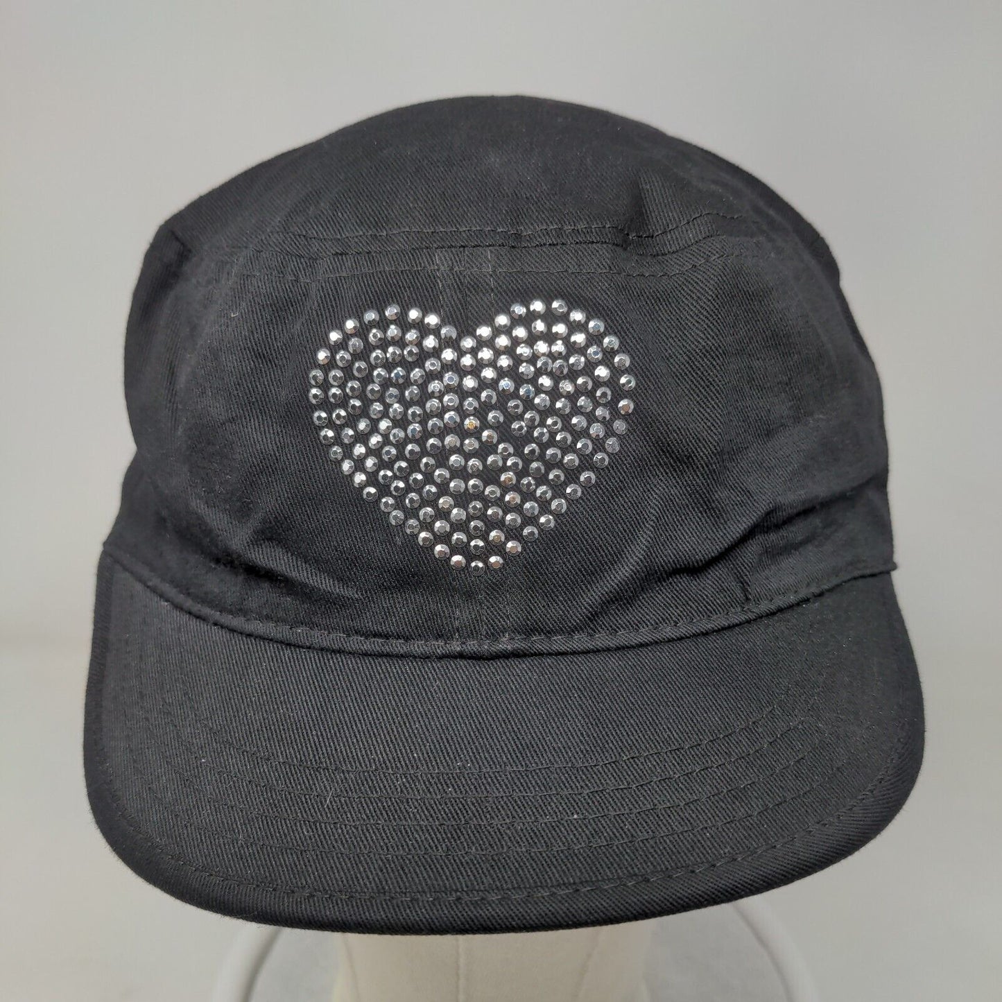 Heart Studded Bling Fitted Cadet Army Cap Hat Black One Size Rhinestone