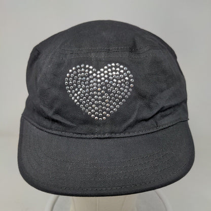 Heart Studded Bling Fitted Cadet Army Cap Hat Black One Size Rhinestone