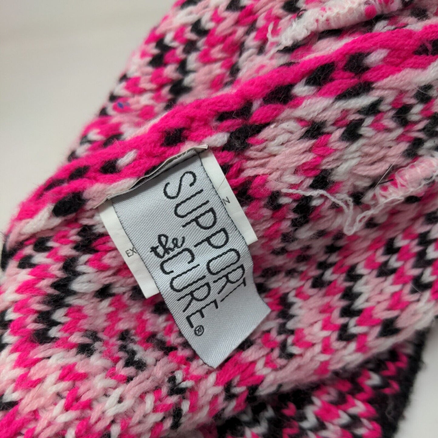 Support The Cure Pink Ribbon Knit Pom Pom Beanie Hat Multicolor OSFM
