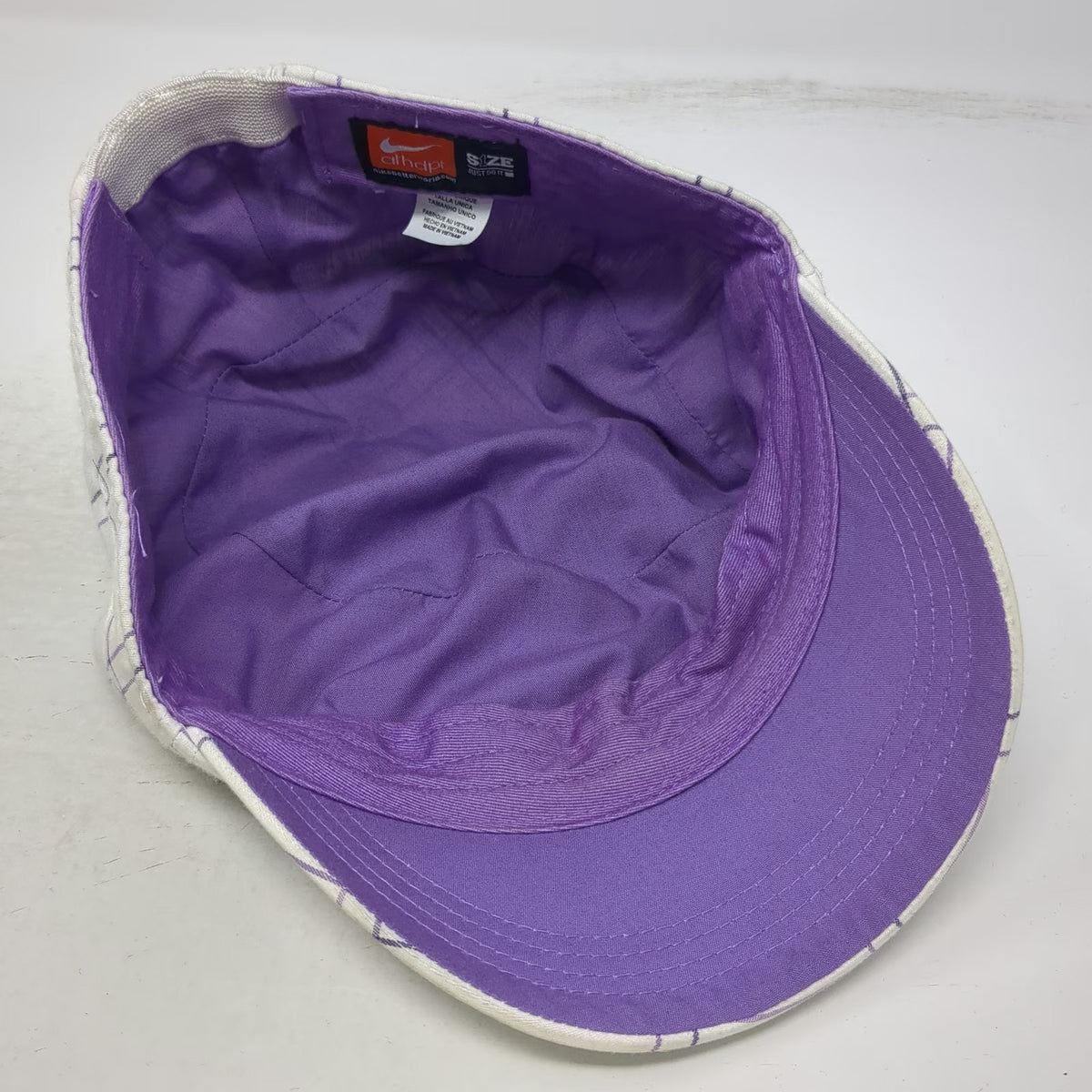 Nike Army Cap White Purple One Size Plaid Cotton Flat Top Elastic Back Hat