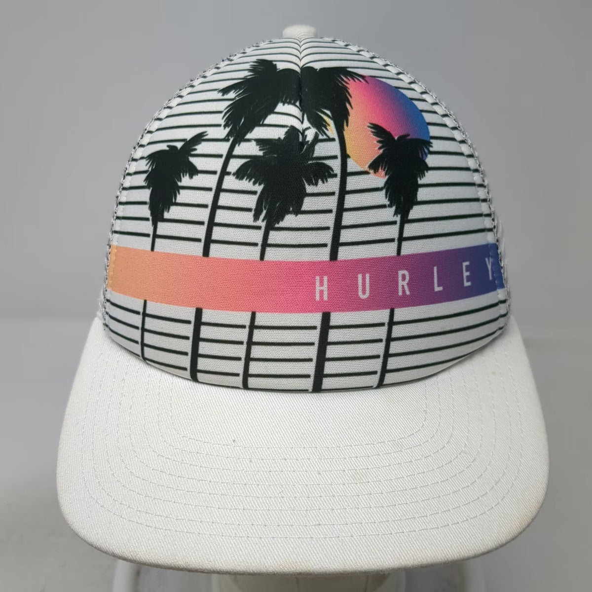 Hurley Trucker Hat White One Size Palm Tree Sunset Graphic Mesh Snapback Beach