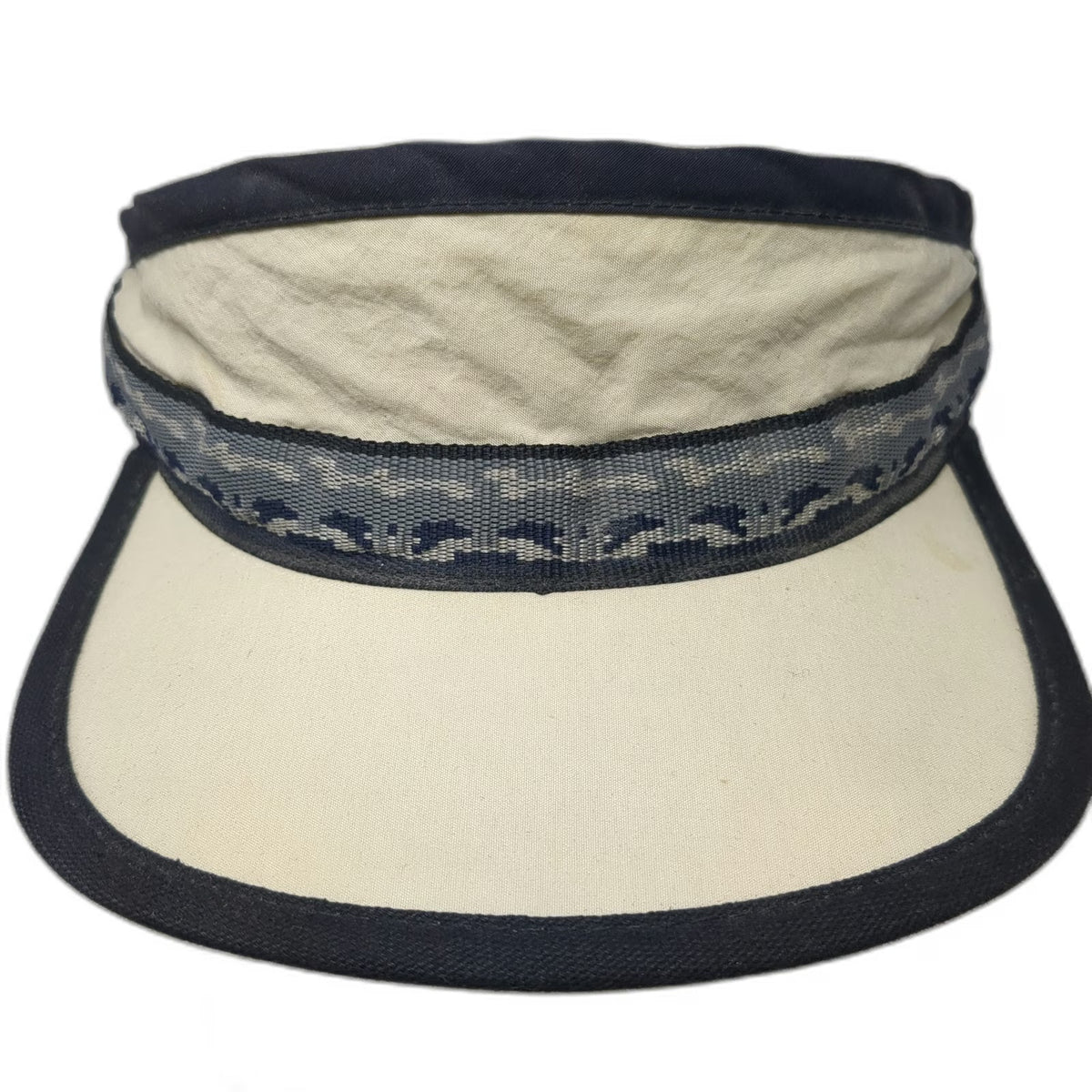 KAVU Visor Beige Blue Black Made in USA Nylon Patterned Adjustable Hat Vintage