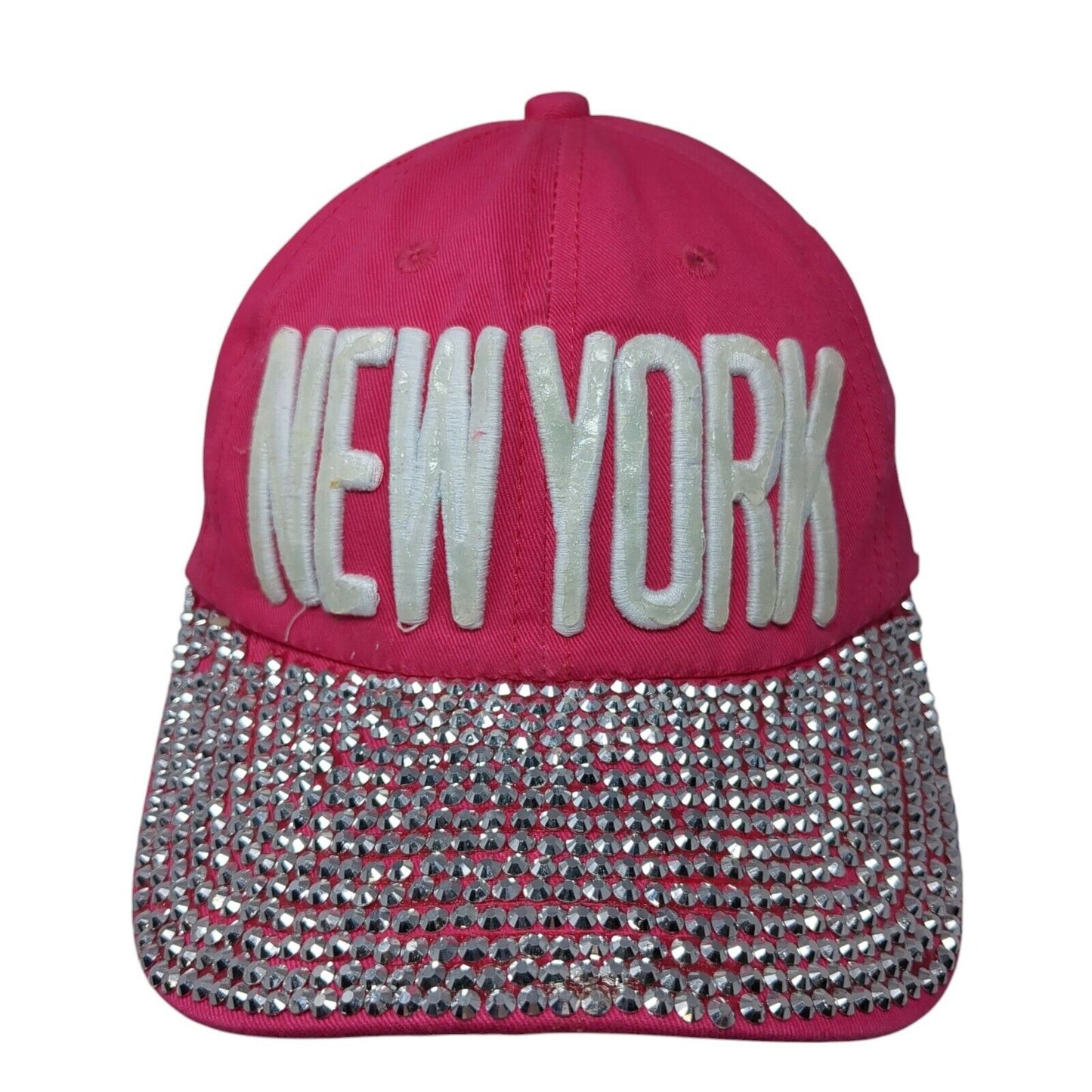 New York Slideback Hat Pink One Size Adjustable Studded Rhinestone Bling