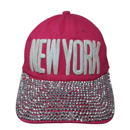 New York Slideback Hat Pink One Size Adjustable Studded Rhinestone Bling
