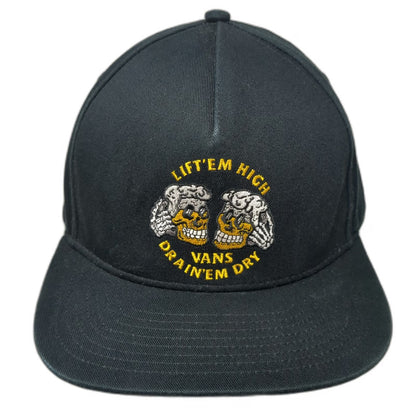 Vans 5 Panel Black Hat OS Snapback Lift Em High Drain Em Dry Skulls Graphic Logo